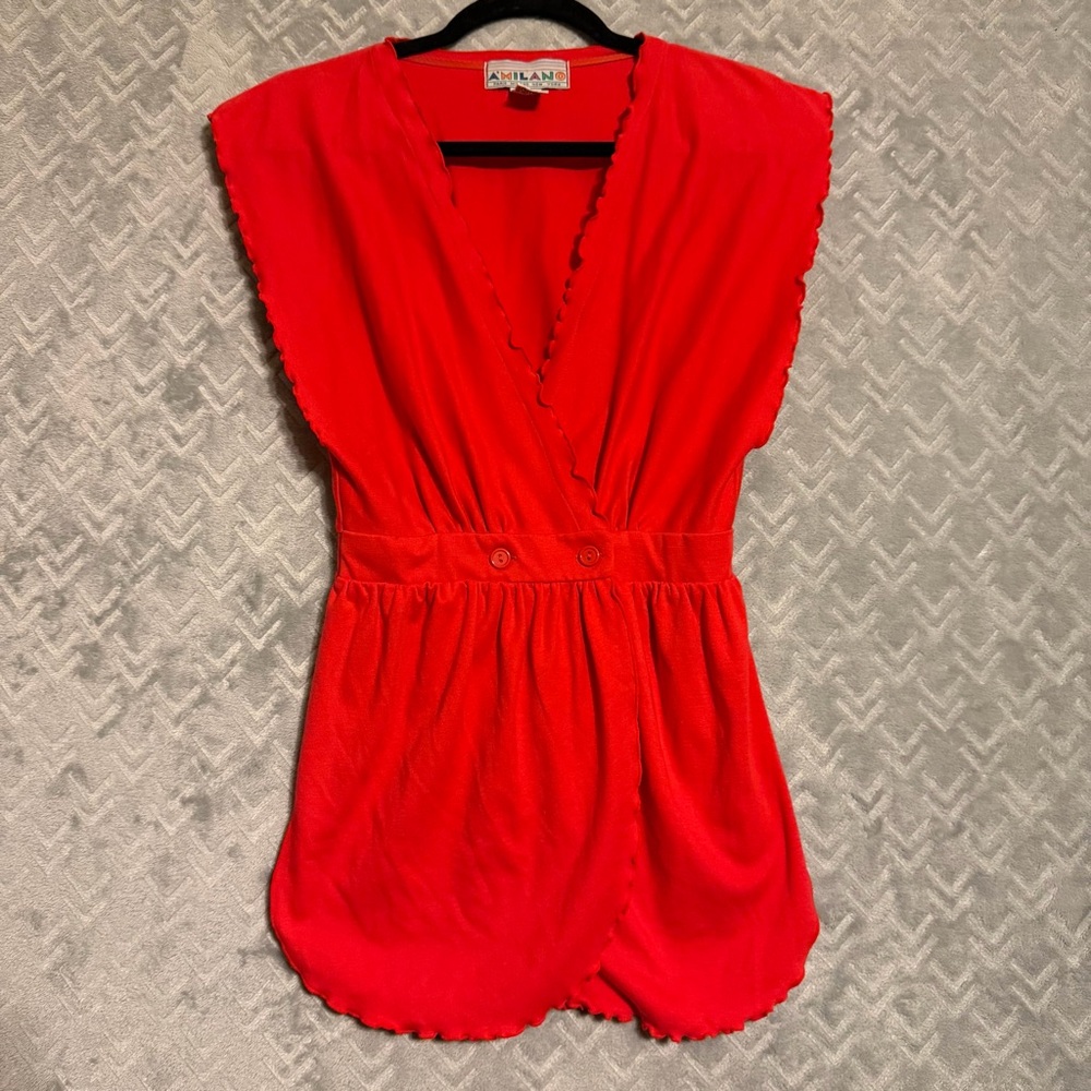 Vintage 90s Milano Red Wrap Top Small Scalloped Edge Cap Sleeve Retro Blouse
